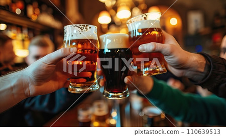 Close-Up of Man Holding Beer Glass in Traditional Irish Pub with Warm Lighting 110639513