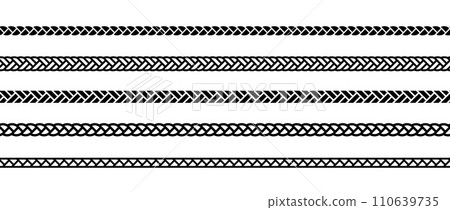 Set of repeating ropes. Seamless hemp cord line collection. Black outline chain, braid, plait stripe bundle. Horizontal decorative plait pattern. Vector twine design elements for banner, poster, frame 110639735