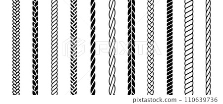Repeating rope set. Seamless hemp cord line collection. Black chain, braid, plait stripe bundle. Vertical decorative plait pattern pack. Vector marine twine design elements for banner, poster, frame 110639736