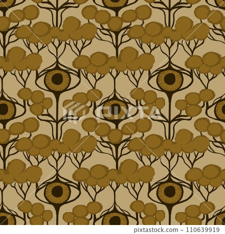 Hand drawn seamless pattern with surreal surrealism trees eyes. Art deco art nouveau elegant beige brown forest print, abstract elegant decorative background, branches golden 20s 30s art. Hand drawn seamless pattern with surreal surrealism trees eyes. Art deco art nouveau elegant beige brown forest print, abstract elegant decorative background, branches golden 20s 30s art. 110639919