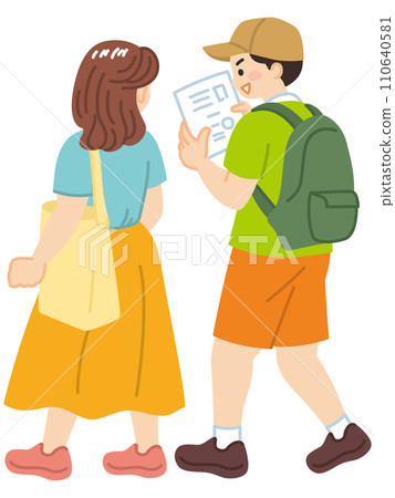 Illustration material of a young man walking while watching a guide Illustration material of a young man walking while watching a guide 110640581