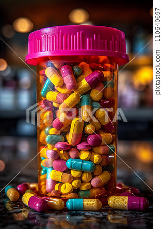 AI image of a bottle containing many pills placed on a table 110640697