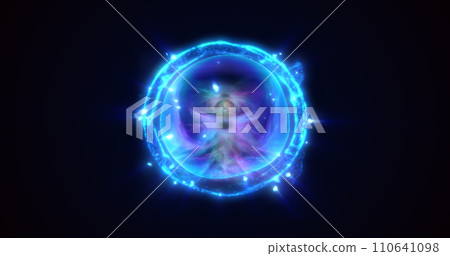 Energy blue glowing cosmic magic sphere, futuristic round high-tech ball bright atom made of electricity, background Energy blue glowing cosmic magic sphere, futuristic round high-tech ball bright atom made of electricity, background 110641098