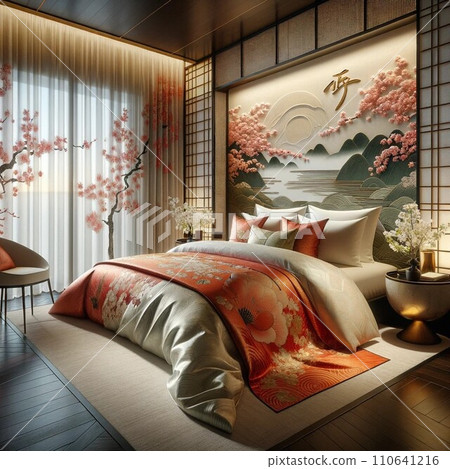 Luxury bedroom: cherry blossoms, Japanese patterns, and kimono Luxury bedroom: cherry blossoms, Japanese patterns, and kimono 110641216