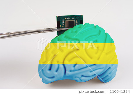 On a white background, a model of the brain with a picture of a flag - Gabon,a microcircuit, a processor, is implanted into it. 110641254