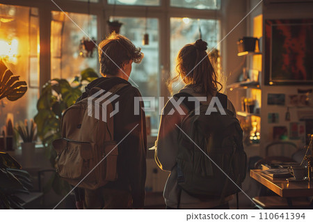 Two young adults with backpacks for travel. Generative AI. 110641394