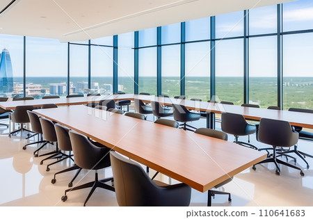 AI-generated content. The interior of a modern empty office building with tables and chairs. Floor-to-ceiling windows 110641683