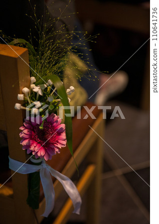 Pew Floral Decoration in Soft Light Pew Floral Decoration in Soft Light 110641736