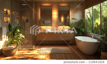 A bathroom with a simple and natural atmosphere where sunlight shines in - AI image 110641926