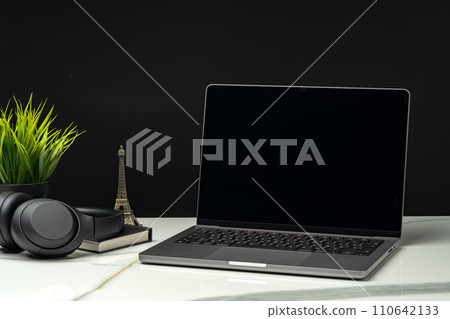 Laptop with green leafy potted plant on black background Laptop with green leafy potted plant on black background 110642133