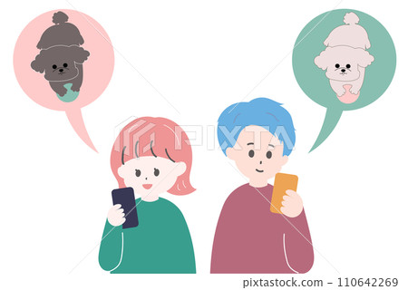 A man and a woman check the pet camera on their smartphones A man and a woman check the pet camera on their smartphones 110642269