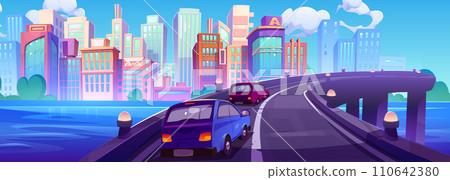 Cars on river bridge against cityscape background Cars on river bridge against cityscape background 110642380