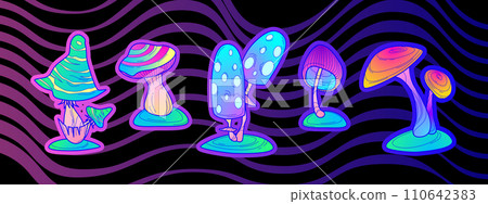 Groovy mushroom stickers set isolated on black Groovy mushroom stickers set isolated on black 110642383