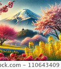 春天的富士山、櫻花、油菜花手繪彩色插畫 110643409