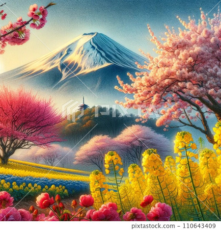 春天的富士山、櫻花、油菜花手繪彩色插畫 110643409