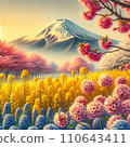 色鉛筆畫的富士山和盛開的春天的花朵 110643411