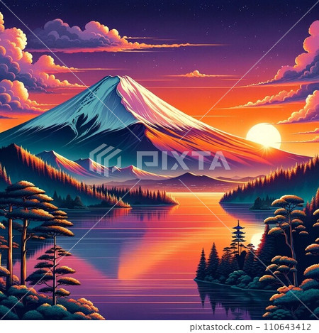夕陽下倒映的富士山栩栩如生 110643412