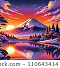 日落時富士山和湖泊的風景圖 110643414