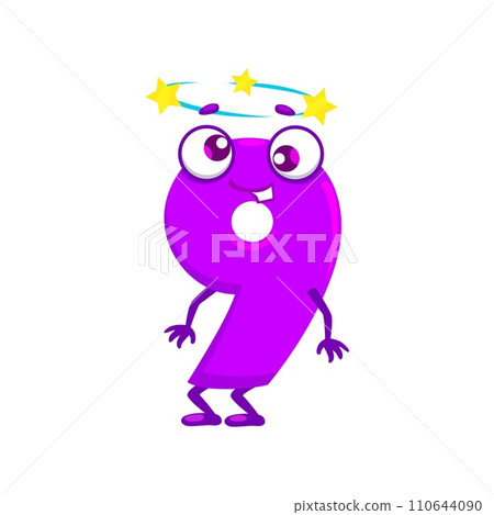 Cartoon funny math number nine 9 character for kids mathematics, vector icon. 9 nine number with dizzy head and cute cheerful face for algebra education or arithmetic emoticon and numeric emoji 110644090