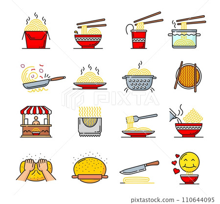 Noodle icons, ramen, udon stir fry pasta noodles. Chinese cuisine restaurant or asian fast food cafe kiosk outline pictograms with hot udon noodles box and bowl, chopsticks, dough, kitchen utensils 110644095