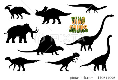 Cartoon dinosaurs, ancient animals characters silhouettes. Tarbosaurus, Brachiosaurus, Iguanodon reptiles, mammoth, Parasaurolophus, Plateosaurus prehistoric animals vector personages silhouettes 110644096