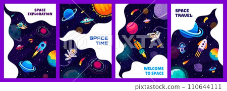Space posters with cartoon spaceship and starship, kid astronauts and alien UFO, vector background. Galaxy planets and stars, kid spaceman on rocket spaceship with comets and asteroids in starry sky Space posters with cartoon spaceship and starship, kid astronauts and alien UFO, vector background. Galaxy planets and stars, kid spaceman on rocket spaceship with comets and asteroids in starry sky 110644111