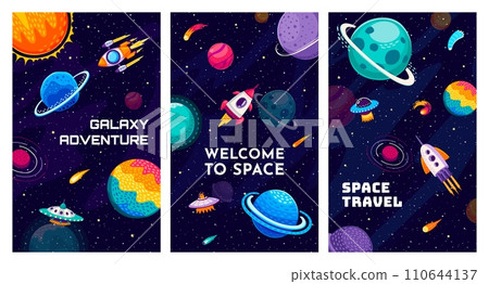 Space banners with galaxy landscape, flying rockets, planets, stars, asteroids and ufo saucer. Vector background with cosmic engines in Universe. Interstellar travel, colonization, cosmos exploring 110644137
