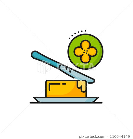 Rapeseed, canola butter icon, features a knife cutting golden, creamy block, resembling traditional butter but made from canola oil, representing a healthier and plant-based alternative Rapeseed, canola butter icon, features a knife cutting golden, creamy block, resembling traditional butter but made from canola oil, representing a healthier and plant-based alternative 110644149