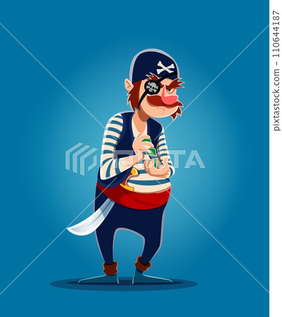 Cartoon cunning pirate captain, corsair sailor with playing cards. Vector wily robber with a sly grin, bandana and eye patch, deftly shuffles cards while plotting mischief with a mischievous glint 110644187