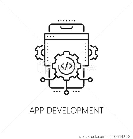 App development, web app develop and optimization icon. Phone application thin line symbol, computer program or service development, web network software develop outline vector pictogram or icon 110644200