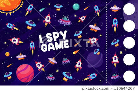 I spy game worksheet with space rockets, planets, UFO and aliens, vector quiz for kids. Puzzle to find and match same cartoon alien UFO and rocket spaceship, starship and spacecraft in galaxy space I spy game worksheet with space rockets, planets, UFO and aliens, vector quiz for kids. Puzzle to find and match same cartoon alien UFO and rocket spaceship, starship and spacecraft in galaxy space 110644207