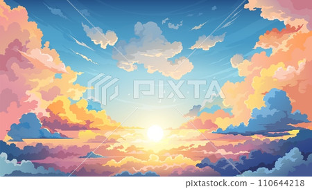 Sky sunset anime background with clouds, that dance across the horizon, creating a breathtaking and serene backdrop. Cartoon vector cumulonimbus cloudscape, heaven, nature peaceful dusk landscape Sky sunset anime background with clouds, that dance across the horizon, creating a breathtaking and serene backdrop. Cartoon vector cumulonimbus cloudscape, heaven, nature peaceful dusk landscape 110644218