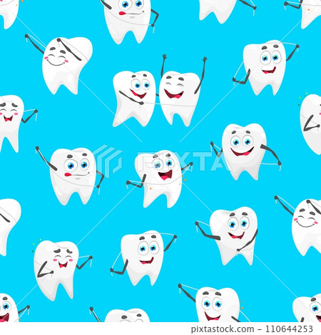 Cartoon tooth character with dental floss seamless pattern, vector background. Dental clinic pattern with healthy white teeth happy smiling and cleaning with dental floss for kids dentistry background 110644253