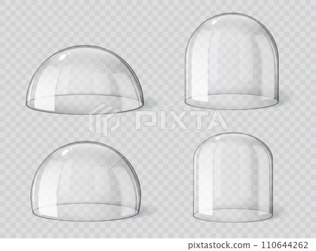 Glass dome, isolated glossy bell sphere or transparent cover, realistic vector 3D. Glass dome or empty protection display, plastic hemisphere or showcase exhibition case jar and spherical globe Glass dome, isolated glossy bell sphere or transparent cover, realistic vector 3D. Glass dome or empty protection display, plastic hemisphere or showcase exhibition case jar and spherical globe 110644262