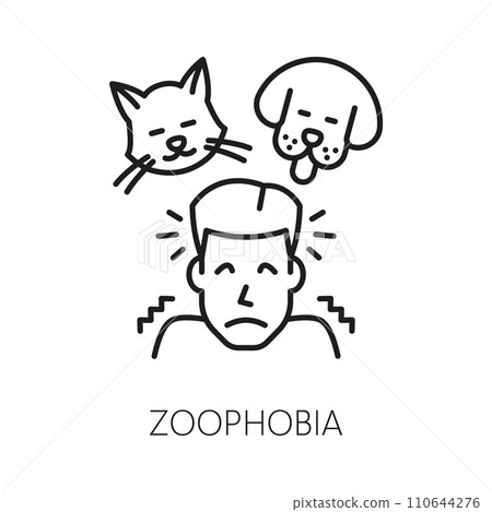 Human zoophobia phobia icon, mental health. Fear of animals, mental disorder line vector symbol. People psychology problem outline pictogram or sign with man scared of cat and dog pets 110644276