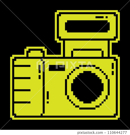 Pixel silhouette icon. camera, equipment for photography and selfie. World Photography Day August 19th. Simple black and yellow vector 110644277