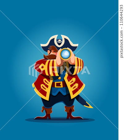 Cartoon pirate captain with spyglass, funny corsair sailor character. Vector mustached, fat filibuster in tricorn peers through a brass spyglass, searching horizon for buried treasures and adventure Cartoon pirate captain with spyglass, funny corsair sailor character. Vector mustached, fat filibuster in tricorn peers through a brass spyglass, searching horizon for buried treasures and adventure 110644293