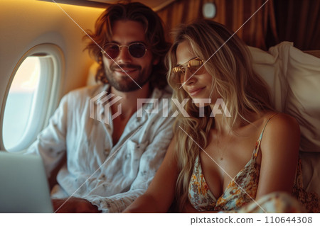 couple in love on an airplane heading on a trip 110644308