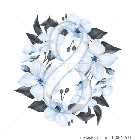 8 March greeting card template with number eight, blue flowers and leaves. Happy International Women's Day. Hand drawn illustration for poster, banner, social media 110644571