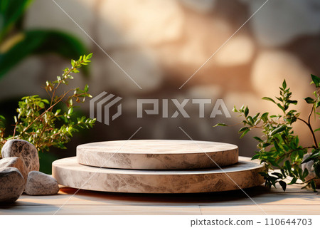 Stone podium is a stage for displaying goods on a natural background Stone podium is a stage for displaying goods on a natural background 110644703