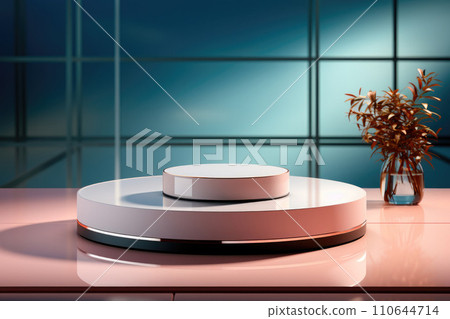 White glossy podium made of two cylinders against a geometric turquoise wall and branches of a plant in a vase White glossy podium made of two cylinders against a geometric turquoise wall and branches of a plant in a vase 110644714