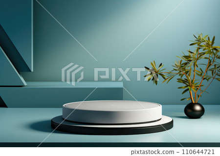 Cylindrical podium on the background of a dusty blue wall and potted plant Cylindrical podium on the background of a dusty blue wall and potted plant 110644721