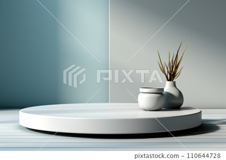 White podium with a vase against a muted blue wall with daylight and shadows 110644728