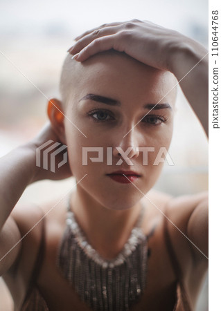 Portrait of beautiful woman, cancer awareness concept. Strong female oncology patient, determined, confident. Portrait of beautiful woman, cancer awareness concept. Strong female oncology patient, determined, confident. 110644768