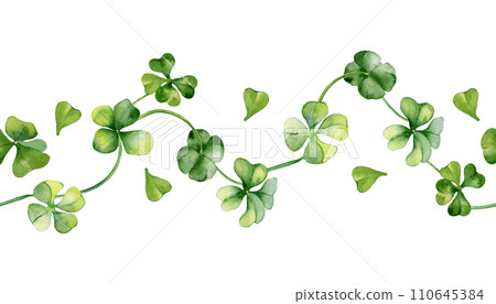 Seamless border with shamrock watercolor illustration isolated on white. Painted green four leaves. Hand drawn clover Irish symbol. Design element for St.Patricks day postcard, package, web banner Seamless border with shamrock watercolor illustration isolated on white. Painted green four leaves. Hand drawn clover Irish symbol. Design element for St.Patricks day postcard, package, web banner 110645384