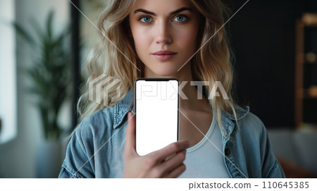 AI-generated content. Woman Holding Up Blank Screen Cell Phone 110645385