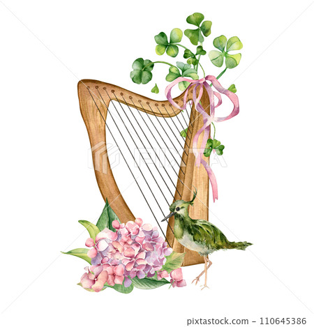 Harp with clover in botanical art watercolor illustration isolated on white. Painted shamrock and bird. Irish symbol and spring flowers hand drawn. Design for St.Patricks day,Easter, springtime 110645386