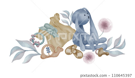Illustration with girl dress and soft toy with abstract plants isolated on white. Hand drawn plush bunny and dandelion. Baby print in pastel shades. Elements for birthday card, poster, girl room Illustration with girl dress and soft toy with abstract plants isolated on white. Hand drawn plush bunny and dandelion. Baby print in pastel shades. Elements for birthday card, poster, girl room 110645397