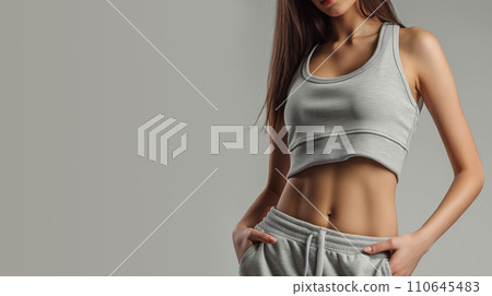 AI-generated content. Fit Woman in Gray Sports Bra Top and Sweatpants Exercising 110645483