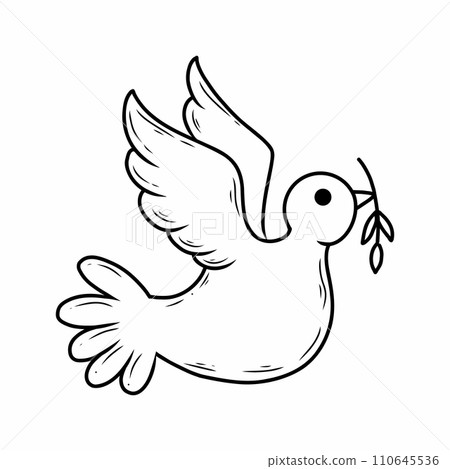 Peace dove with twig in its beak. Vector doodle illustration. 110645536